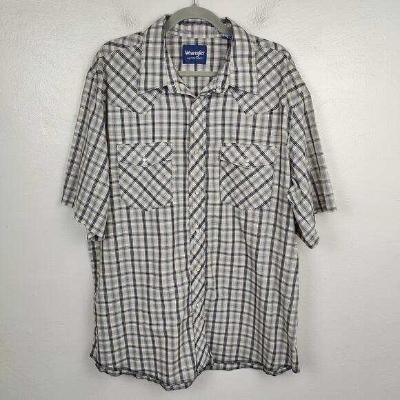Wrangler Pearl Snap Button Shirt Mens XL Gray Cream Plaid Check Western Country - Picture 1 of 6
